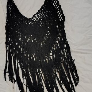 Chic Black Fringe Crochet Poncho